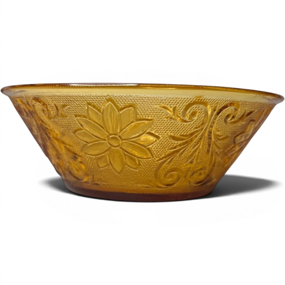 Tiara Glass Sandwich Amber Serving Bowl Large Gold Floral Embossed Vintage